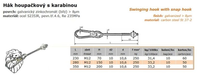 hák houpačkový ocel ZB - velikost závitu: M12, délka: 280 mm